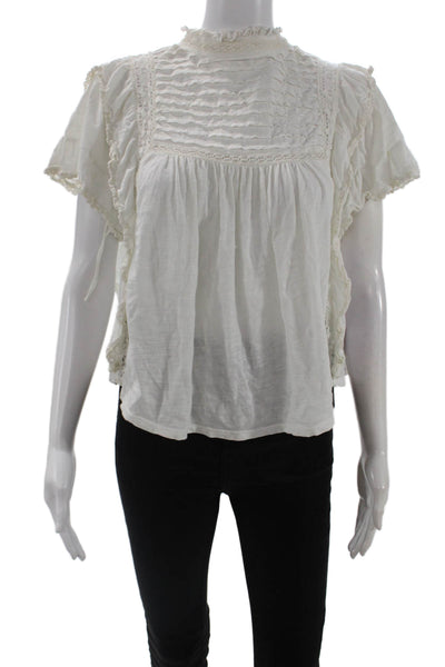 Free People Womens White High Neck Button Cotton Short Sleeve Blouse Size XS