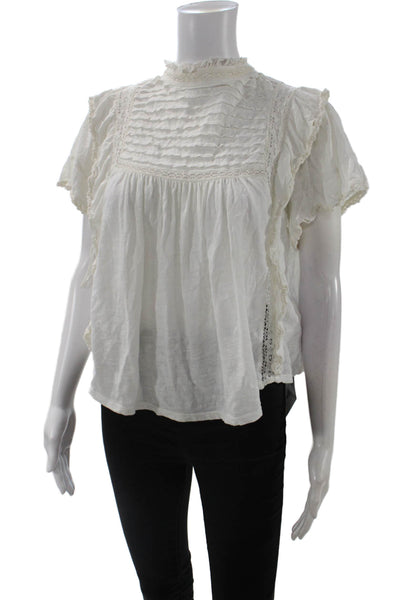 Free People Womens White High Neck Button Cotton Short Sleeve Blouse Size XS