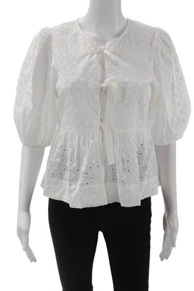 Steve Madden Women White Boho Round Neck Short Sleeve Blouse Cotton Size S