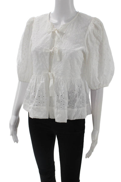 Steve Madden Women White Boho Round Neck Short Sleeve Blouse Cotton Size S