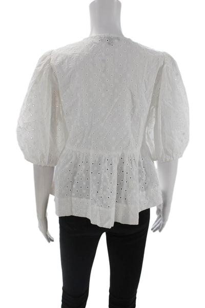 Steve Madden Women White Boho Round Neck Short Sleeve Blouse Cotton Size S