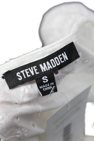Steve Madden Women White Boho Round Neck Short Sleeve Blouse Cotton Size S