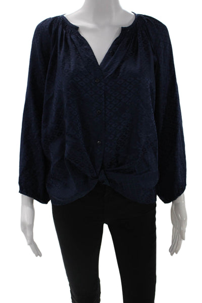 Tucker Women Dark Blue Silk Tunic VNeck Argyle Boho Long Sleeve Button-Up Size S