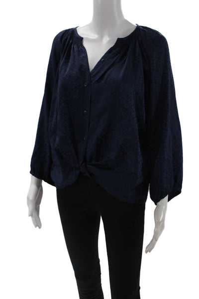 Tucker Women Dark Blue Silk Tunic VNeck Argyle Boho Long Sleeve Button-Up Size S