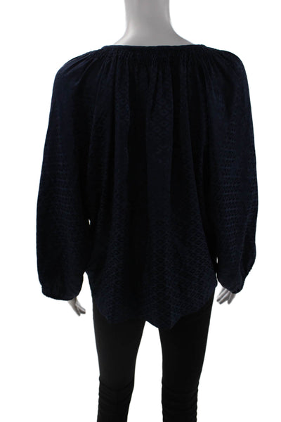 Tucker Women Dark Blue Silk Tunic VNeck Argyle Boho Long Sleeve Button-Up Size S