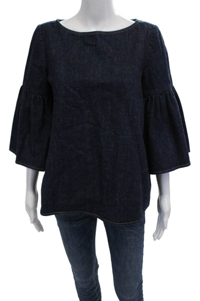 Suno Women Bohemian Dark Blue Cotton Round Neck 3/4 Sleeve Blouse Size 4