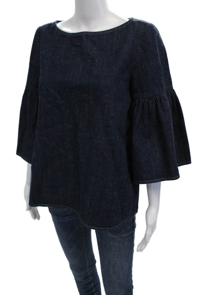 Suno Women Bohemian Dark Blue Cotton Round Neck 3/4 Sleeve Blouse Size 4