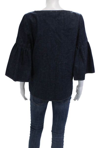 Suno Women Bohemian Dark Blue Cotton Round Neck 3/4 Sleeve Blouse Size 4