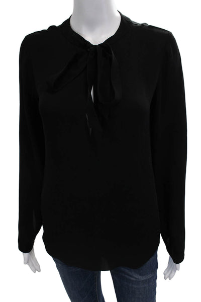 Theory Womens Silk Solid Tie Neck Long Sleeve Blouse Black Size PP