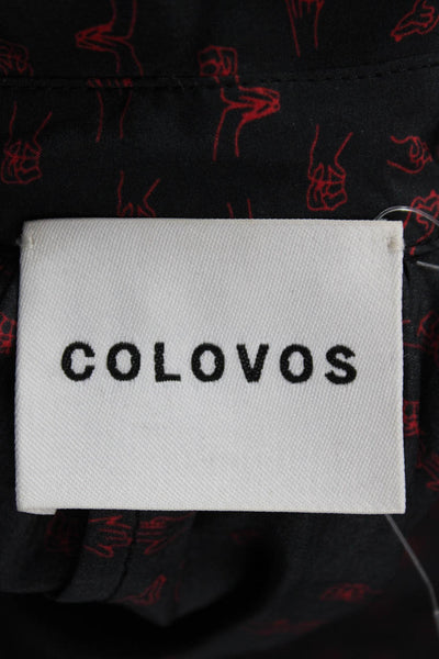 Colovos Women Black Collared Button Up Blouse Long Sleeve Polyester Size S