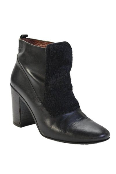 Intropia Womens Slip On Block Heel Pony Hair Trim Booties Black Leather Size 39