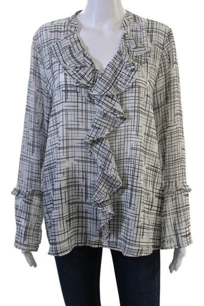 Karl Lagerfeld Womens Black V Neck Geometric Long Sleeve Blouse Size L