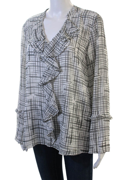 Karl Lagerfeld Womens Black V Neck Geometric Long Sleeve Blouse Size L