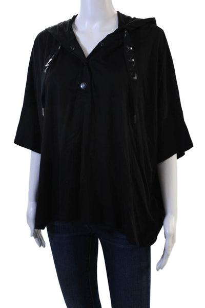 DKNY Women Henley Hoodie Black Short Sleeve Cotton Modal Size M