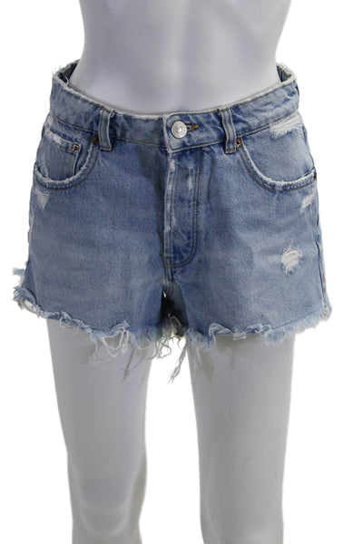 Zara Unisex Light Blue Cotton Blend Solid 90s Shorts Button Closure Size 4