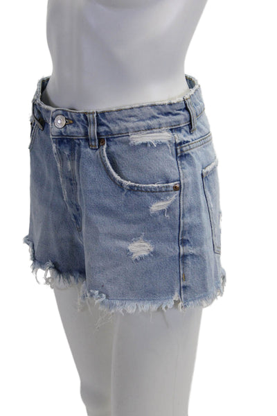 Zara Unisex Light Blue Cotton Blend Solid 90s Shorts Button Closure Size 4