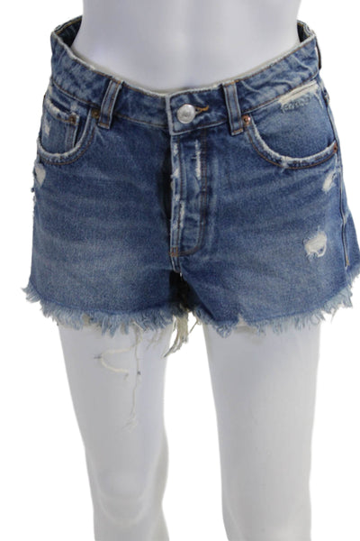 Zara Unisex Blue Denim Shorts 90s Button Fly Cotton Blend Size 2