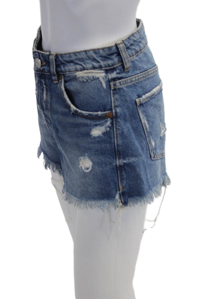 Zara Unisex Blue Denim Shorts 90s Button Fly Cotton Blend Size 2