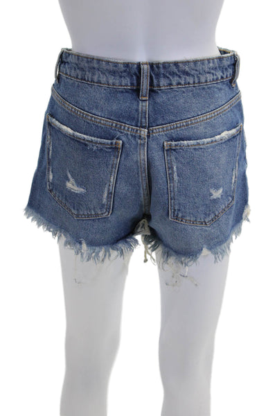 Zara Unisex Blue Denim Shorts 90s Button Fly Cotton Blend Size 2