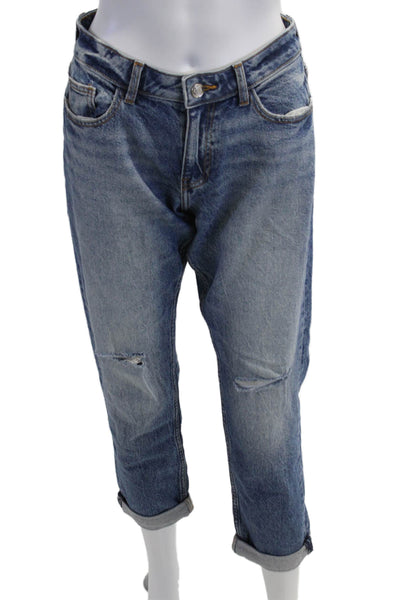 Zara Women Boyfriend Cropped Jeans Blue Mid Rise Button 99% Cotton Size 2