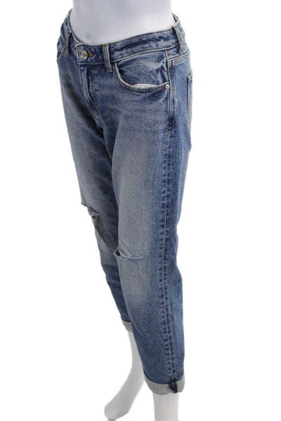 Zara Women Boyfriend Cropped Jeans Blue Mid Rise Button 99% Cotton Size 2