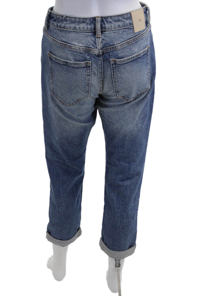Zara Women Boyfriend Cropped Jeans Blue Mid Rise Button 99% Cotton Size 2