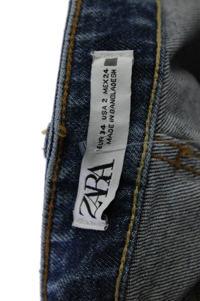 Zara Women Boyfriend Cropped Jeans Blue Mid Rise Button 99% Cotton Size 2