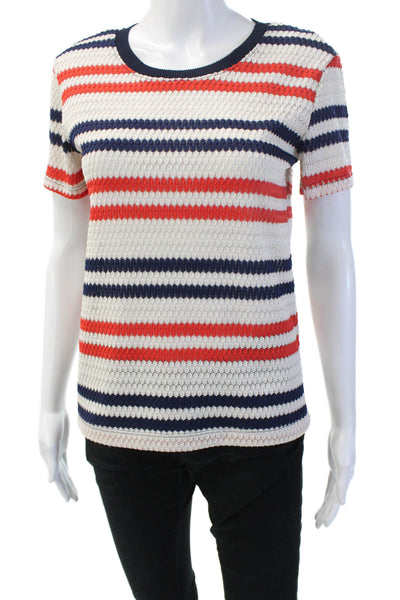 Zara Women Basic Striped Dark Blue Polyester Short Sleeve T-Shirt Size M