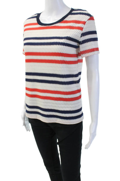Zara Women Basic Striped Dark Blue Polyester Short Sleeve T-Shirt Size M