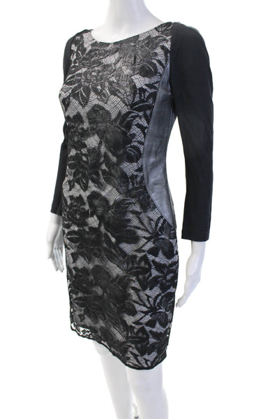 Azadeh Couture Women Bodycon Sheath Dress Black Floral Long Sleeve Size 4