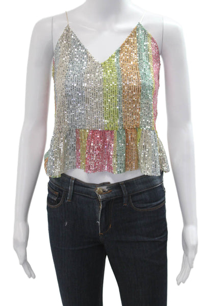 Zara Women Cropped Silk Striped V-Neck Camisole Sleeveless Multi-Color Size S