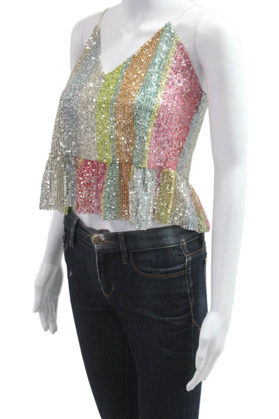 Zara Women Cropped Silk Striped V-Neck Camisole Sleeveless Multi-Color Size S