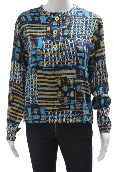 Saks Fifth Avenue Women Silk Geometric Button-Up Blouse Long Sleeve Fall Size 4