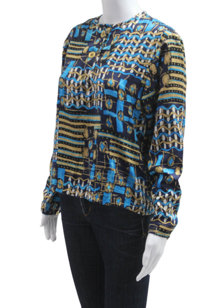 Saks Fifth Avenue Women Silk Geometric Button-Up Blouse Long Sleeve Fall Size 4