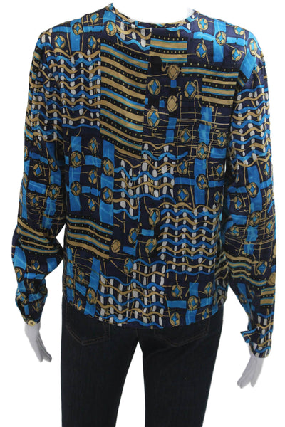 Saks Fifth Avenue Women Silk Geometric Button-Up Blouse Long Sleeve Fall Size 4