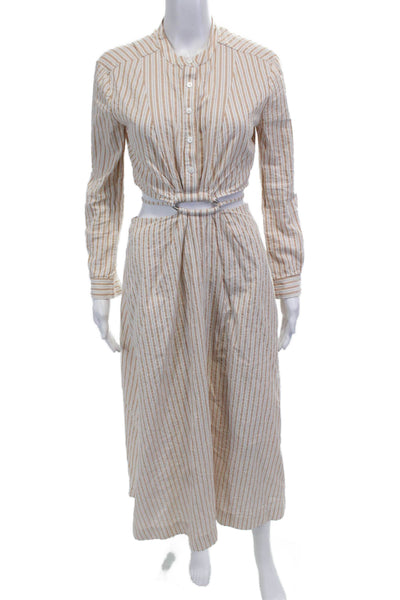 Jonathan Simkhai Women Shirt Dress Beige Striped Long Sleeve Linen Size 2