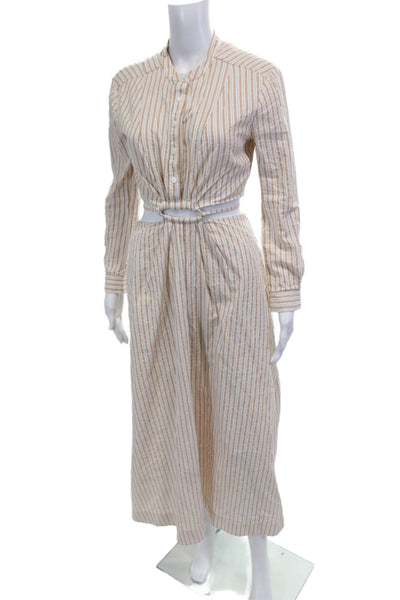 Jonathan Simkhai Women Shirt Dress Beige Striped Long Sleeve Linen Size 2
