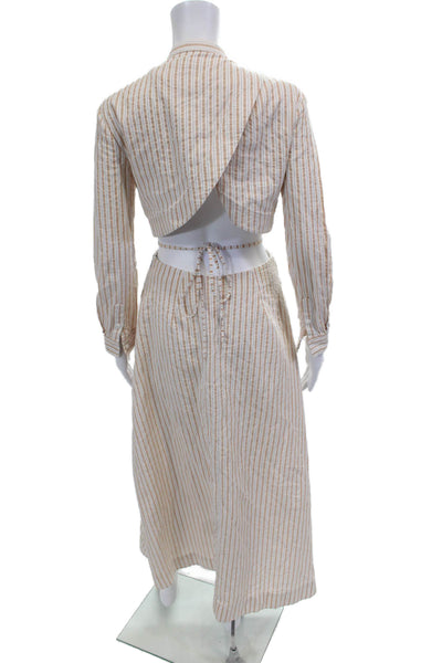 Jonathan Simkhai Women Shirt Dress Beige Striped Long Sleeve Linen Size 2