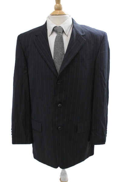 Perry Ellis Mens Striped 100% Wool Suit Jacket Dark Blue Button Size 42