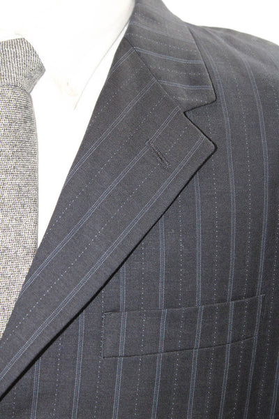 Perry Ellis Mens Striped 100% Wool Suit Jacket Dark Blue Button Size 42