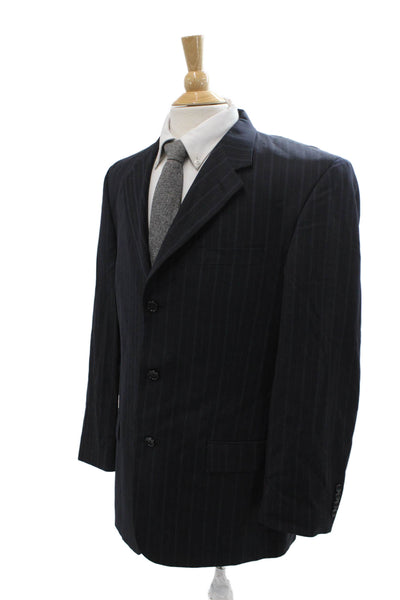 Perry Ellis Mens Striped 100% Wool Suit Jacket Dark Blue Button Size 42