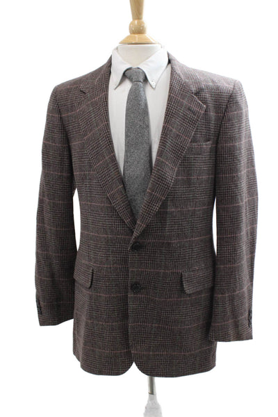 Calvin Klein Men Brown Plaid Sport Coat Collared Button Long Sleeve Size 42