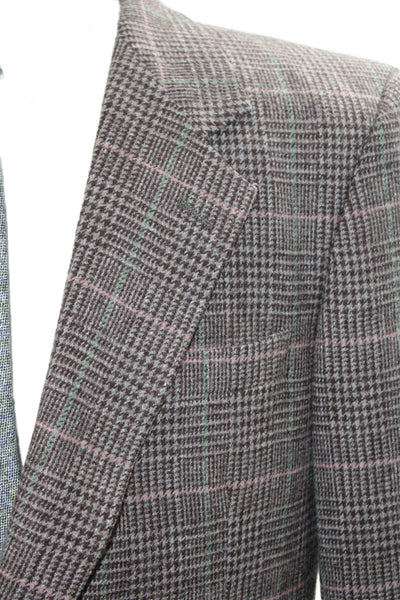 Calvin Klein Men Brown Plaid Sport Coat Collared Button Long Sleeve Size 42