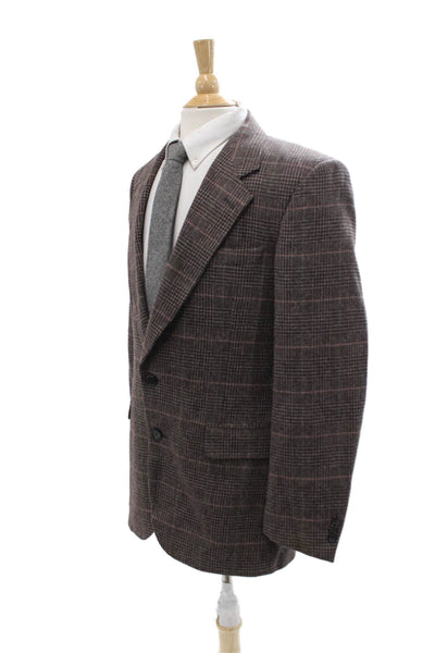 Calvin Klein Men Brown Plaid Sport Coat Collared Button Long Sleeve Size 42