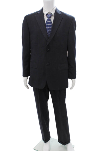 Haggar Mens 2 Piece Striped Dark Blue Suit Collared Size 42