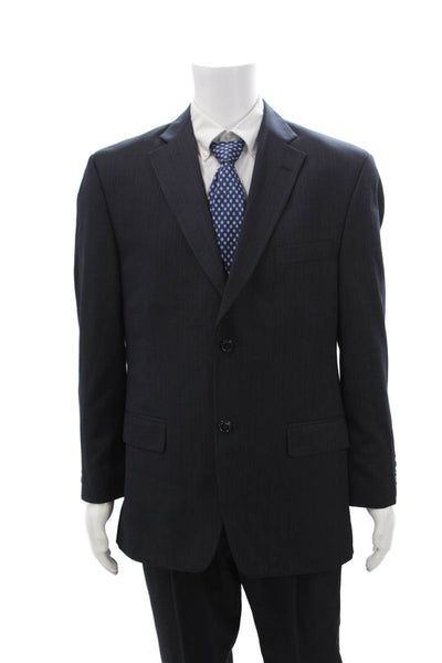 Haggar Mens 2 Piece Striped Dark Blue Suit Collared Size 42