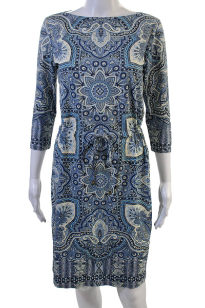 J. Mclaughlin Women Shift Dress Blue Paisley 3/4 Sleeve Crew Neck Size S