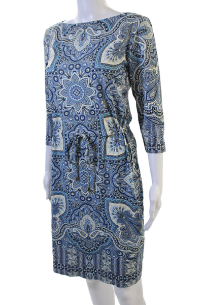 J. Mclaughlin Women Shift Dress Blue Paisley 3/4 Sleeve Crew Neck Size S