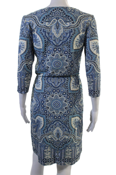 J. Mclaughlin Women Shift Dress Blue Paisley 3/4 Sleeve Crew Neck Size S