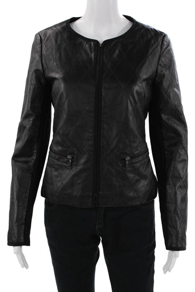 Lafayette 148 New York Women Quilted Biker Jacket Black Zip Size 6